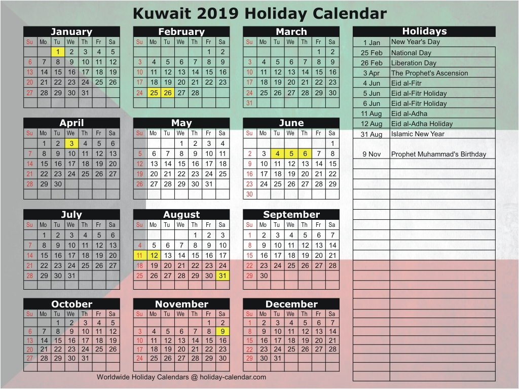 Kuwait 2019 / 2020 Holiday Calendar