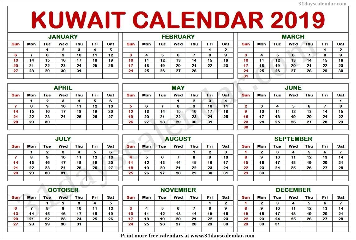 Kuwait Calendar 2019 | Calendar 2019 Template, Calendar