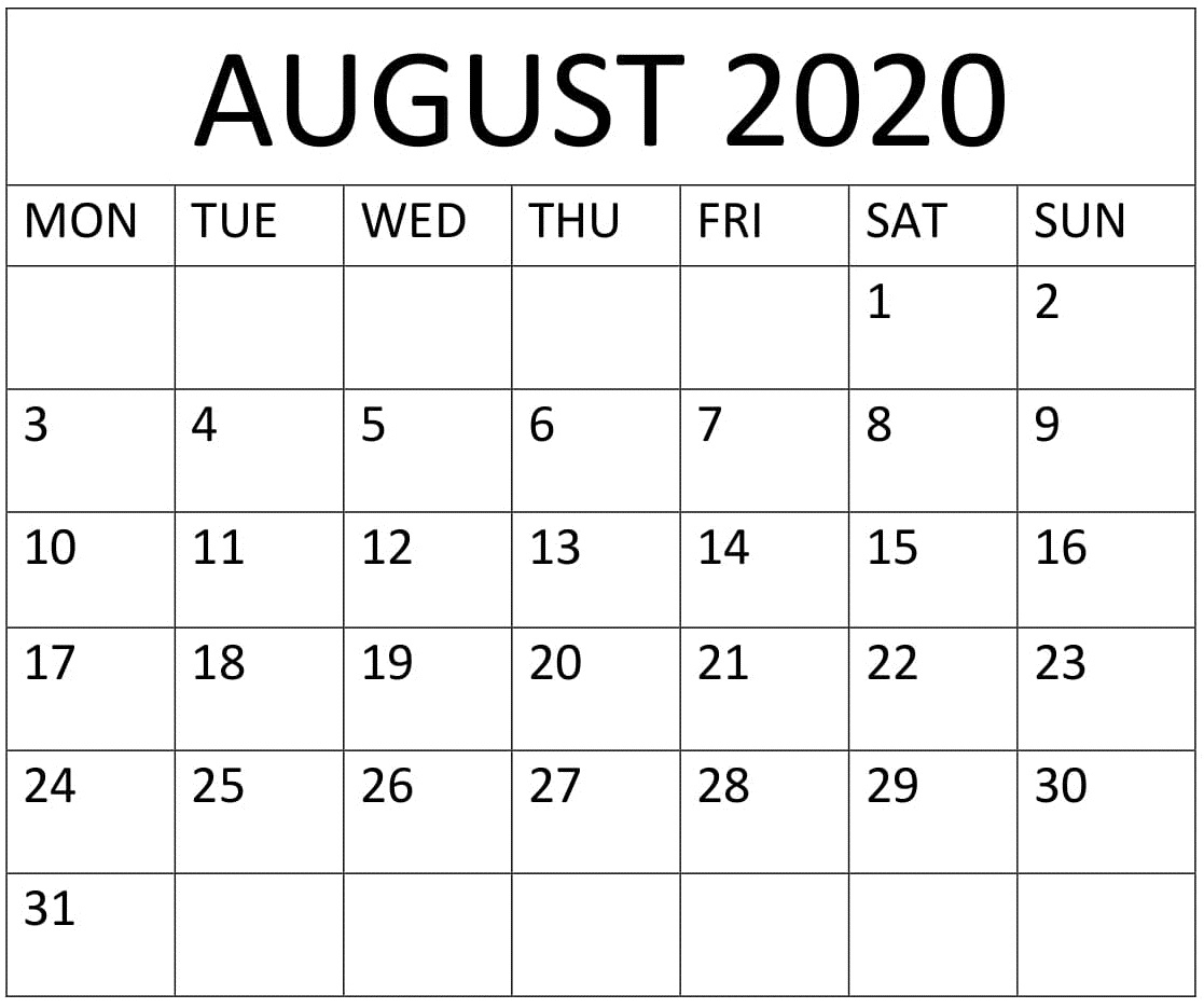 Large Printable August 2020 Calendar – Free Latest Calendar