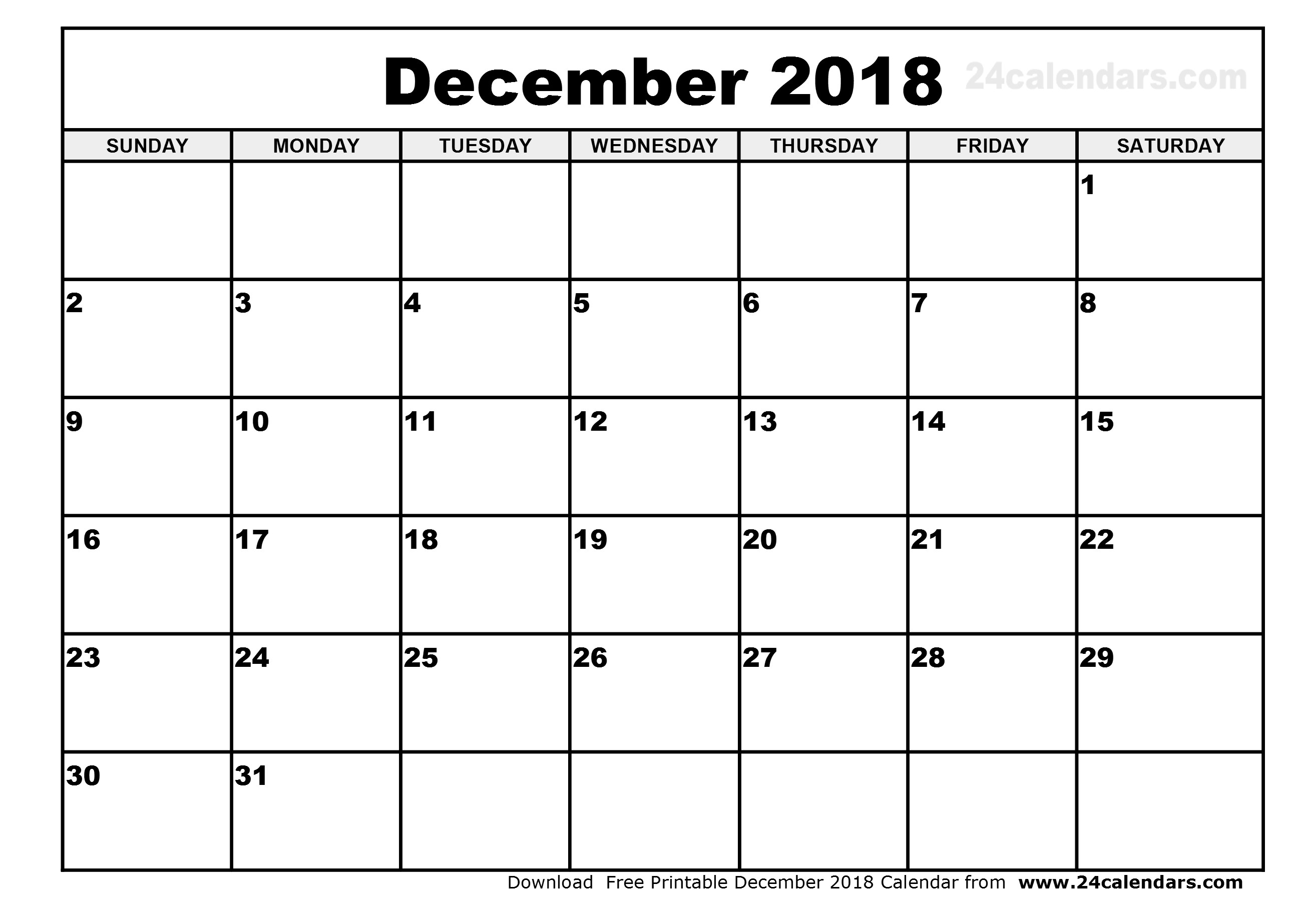 Large Squares Calendar For December 2018 | Calendar Template