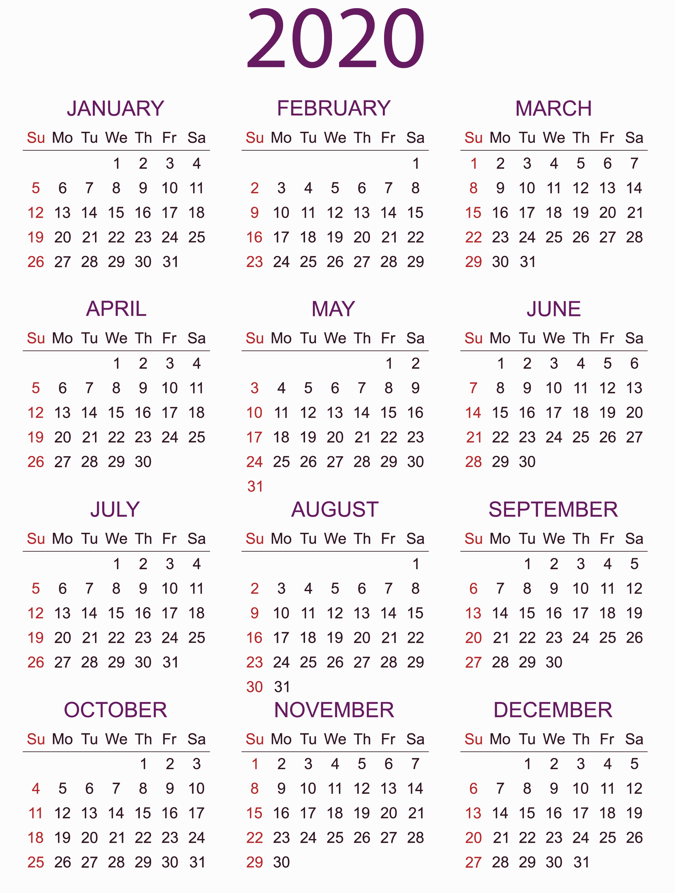 Large Yearly Calendar 2020 With Notes Pdf - Set Your Plan