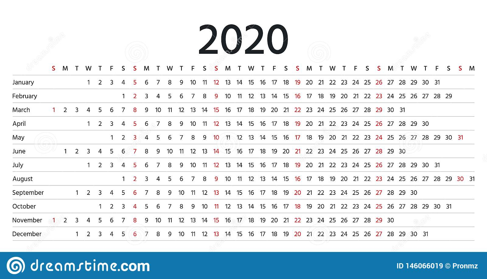 Linear Calendar 2020. Vector Illustration. Template Diary