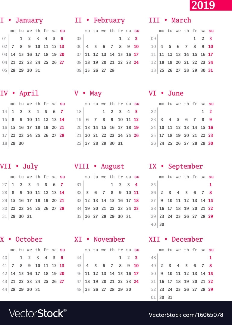 Lovely Calendar Week Of The Year 2019 : Mini Calendar Template