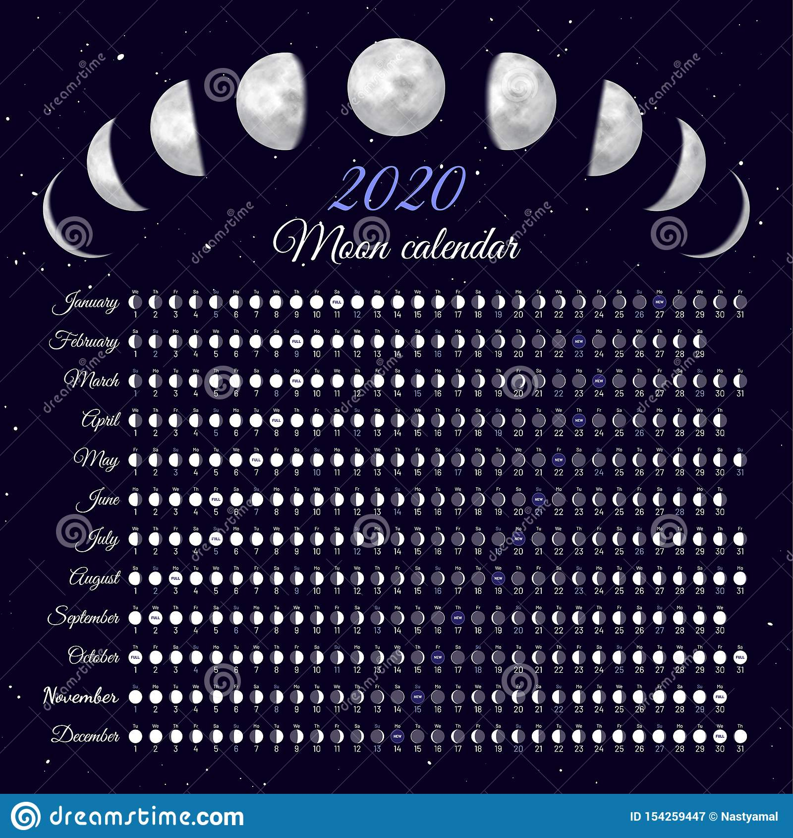 Lunar Cycles At 2020 Year. Stock Vector. Illustration Of