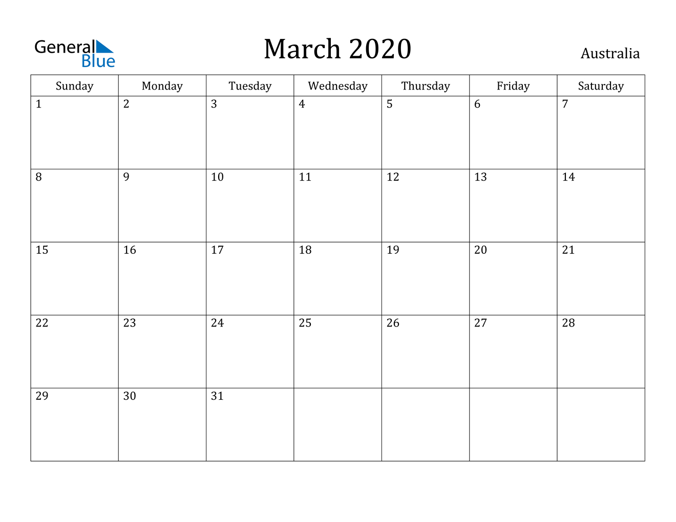 March 2020 Calendar - Australia