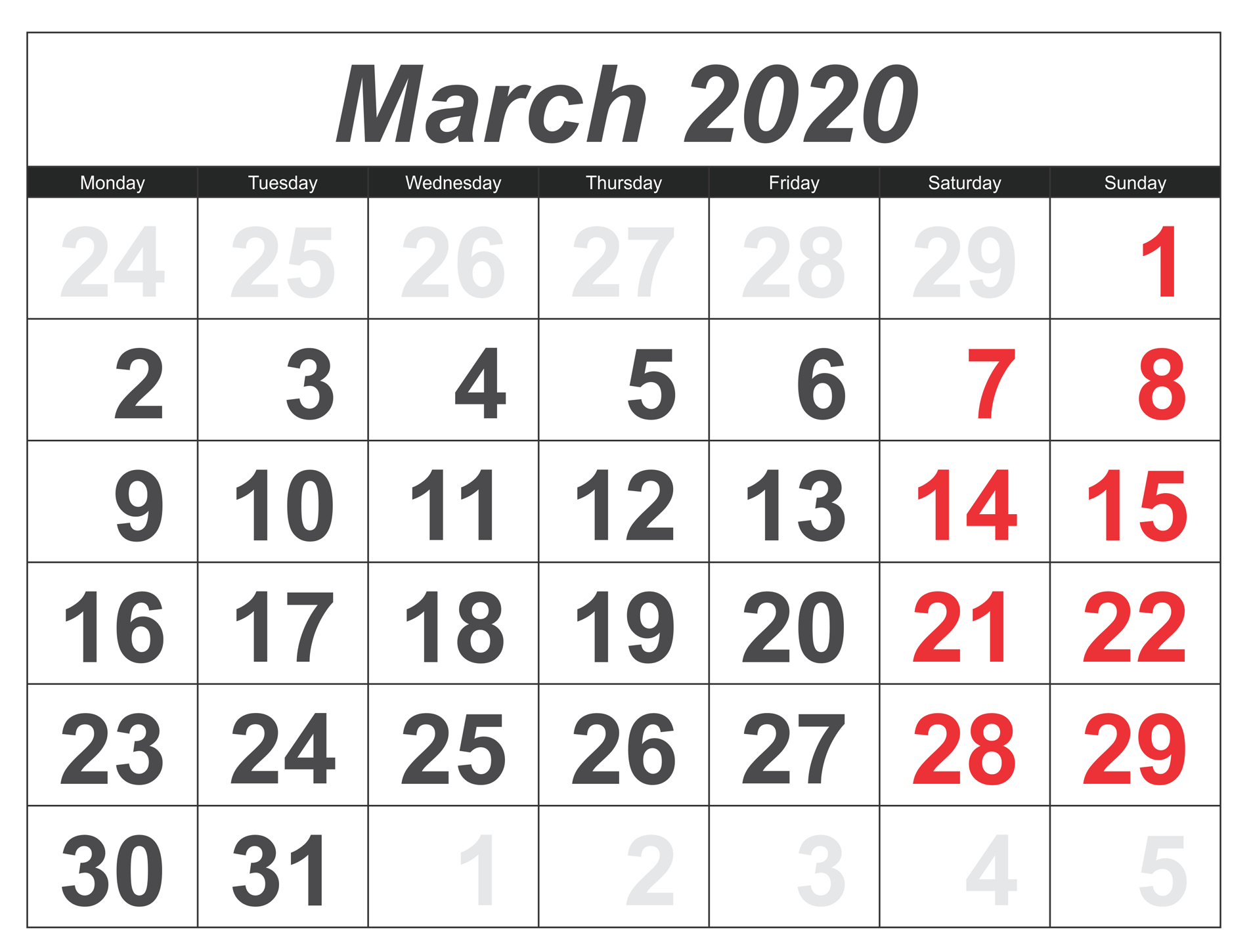 March 2020 Calendar Canada With Public Holidays - 2019