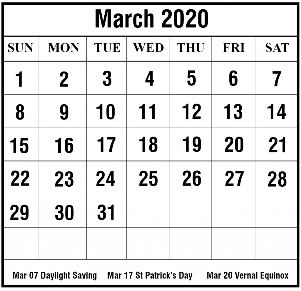 March 2020 Calendar | Printable March Calendar Template
