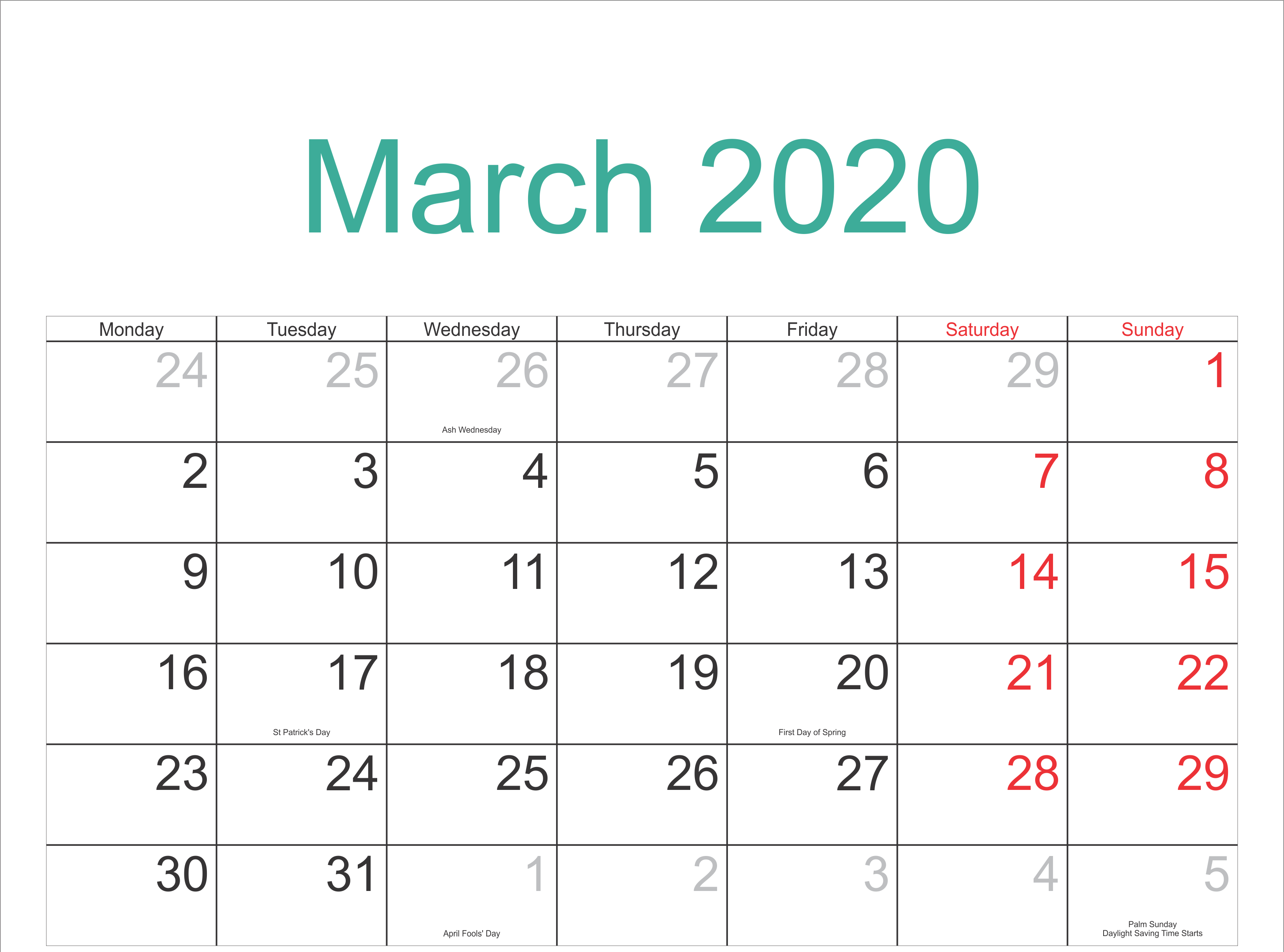 March 2020 Calendar Printable With Holidays | Free Printable