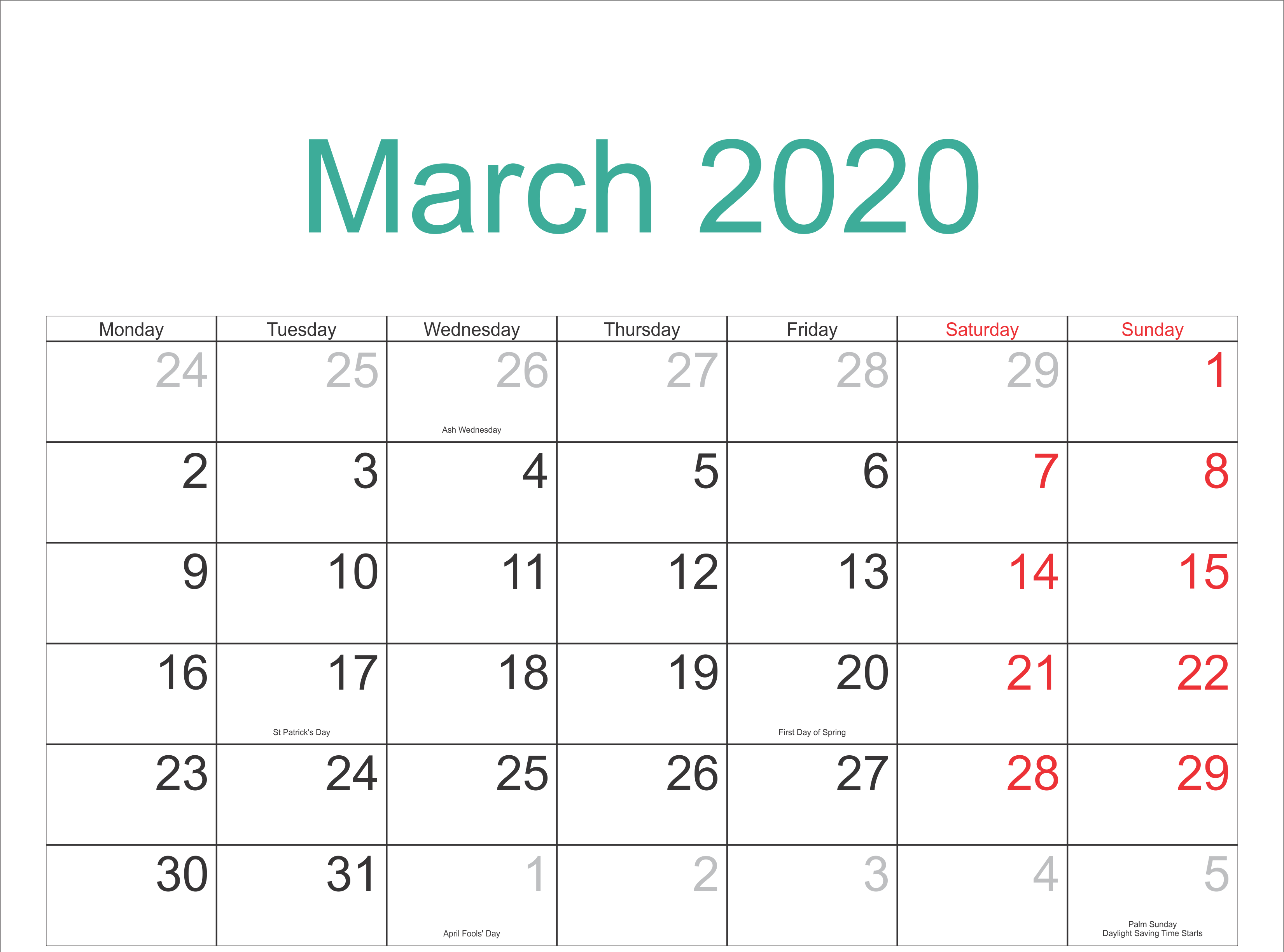 March 6 2020 Calendar