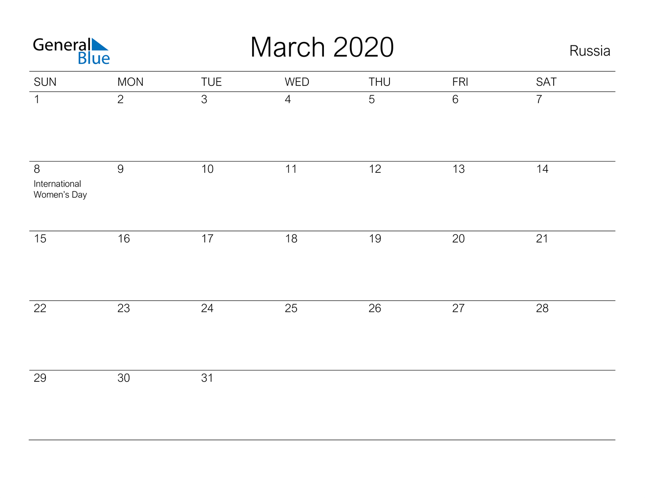 March 2020 Calendar - Russia