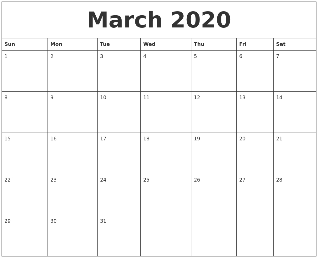 March 2020 Free Online Calendar