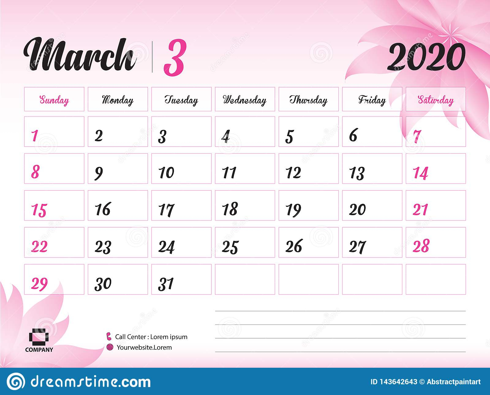 March 2020 Year Template, Calendar 2020 Vector, Desk