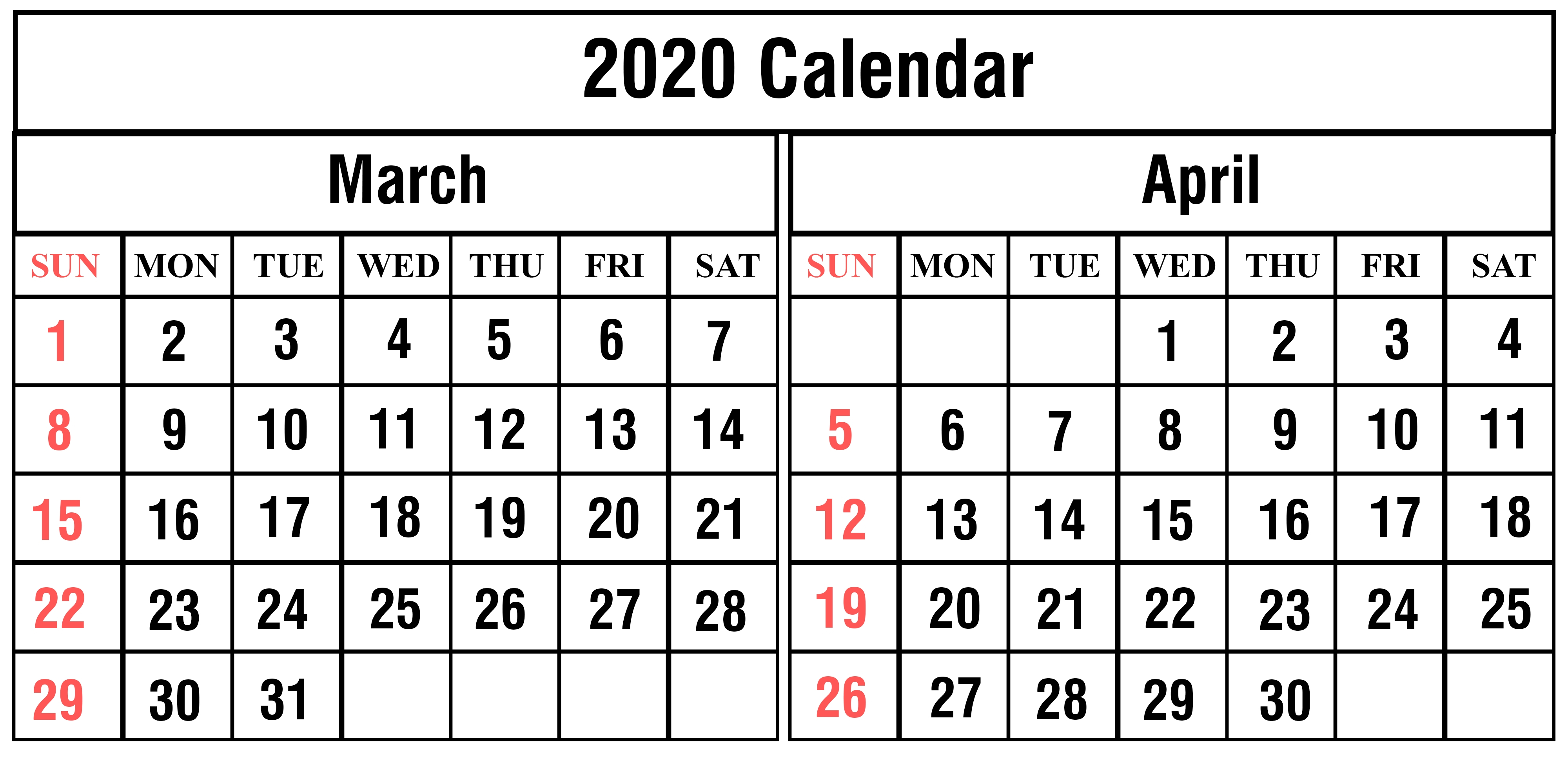 March And April 2020 Calendar | Calendar Template Information