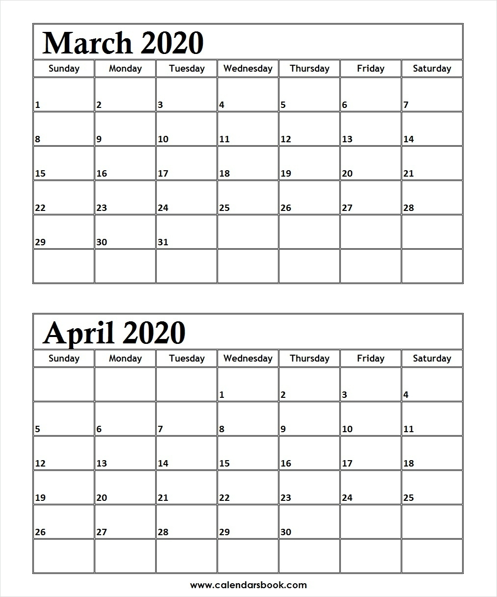 Blank Calendar 2023 Printable March April 2020 IMAGESEE