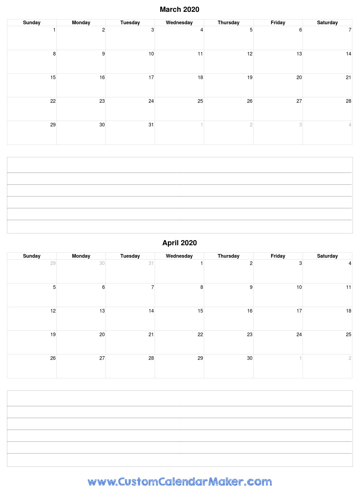 March To April 2020 Calendar Template With Notes