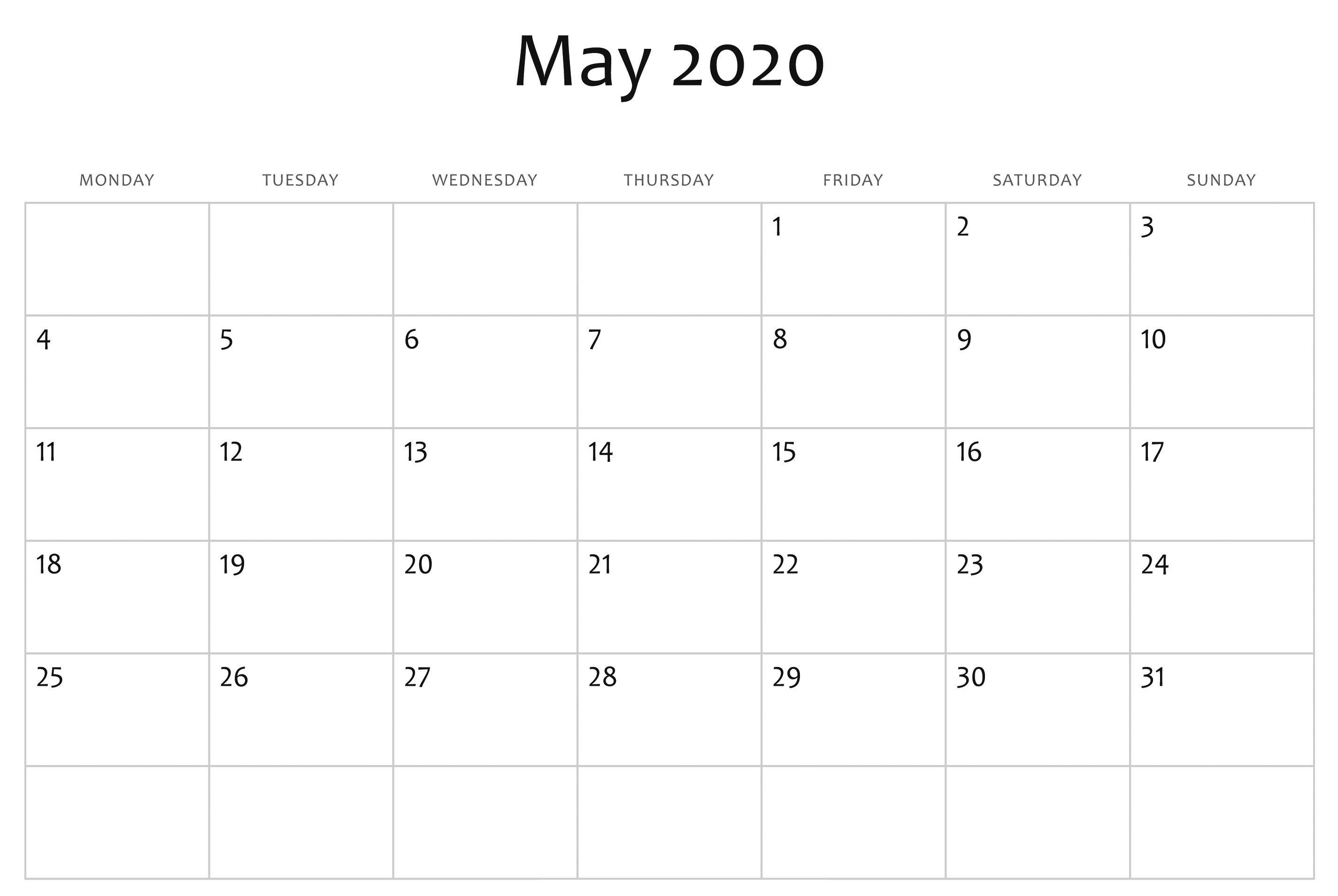 May 2020 Calendar Blank Template | May Calendar Printable