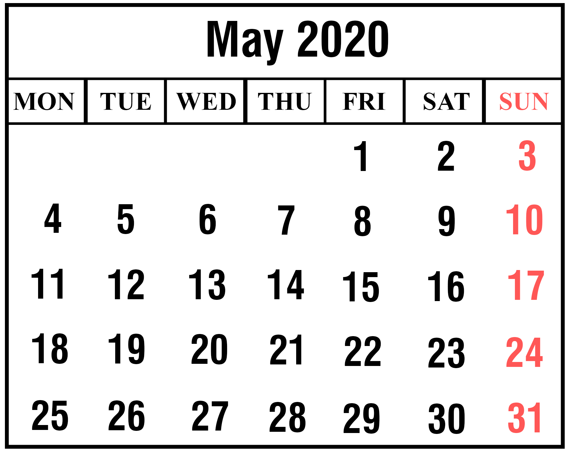 May 2020 Calendar Pdf | Printable May Calendar Template
