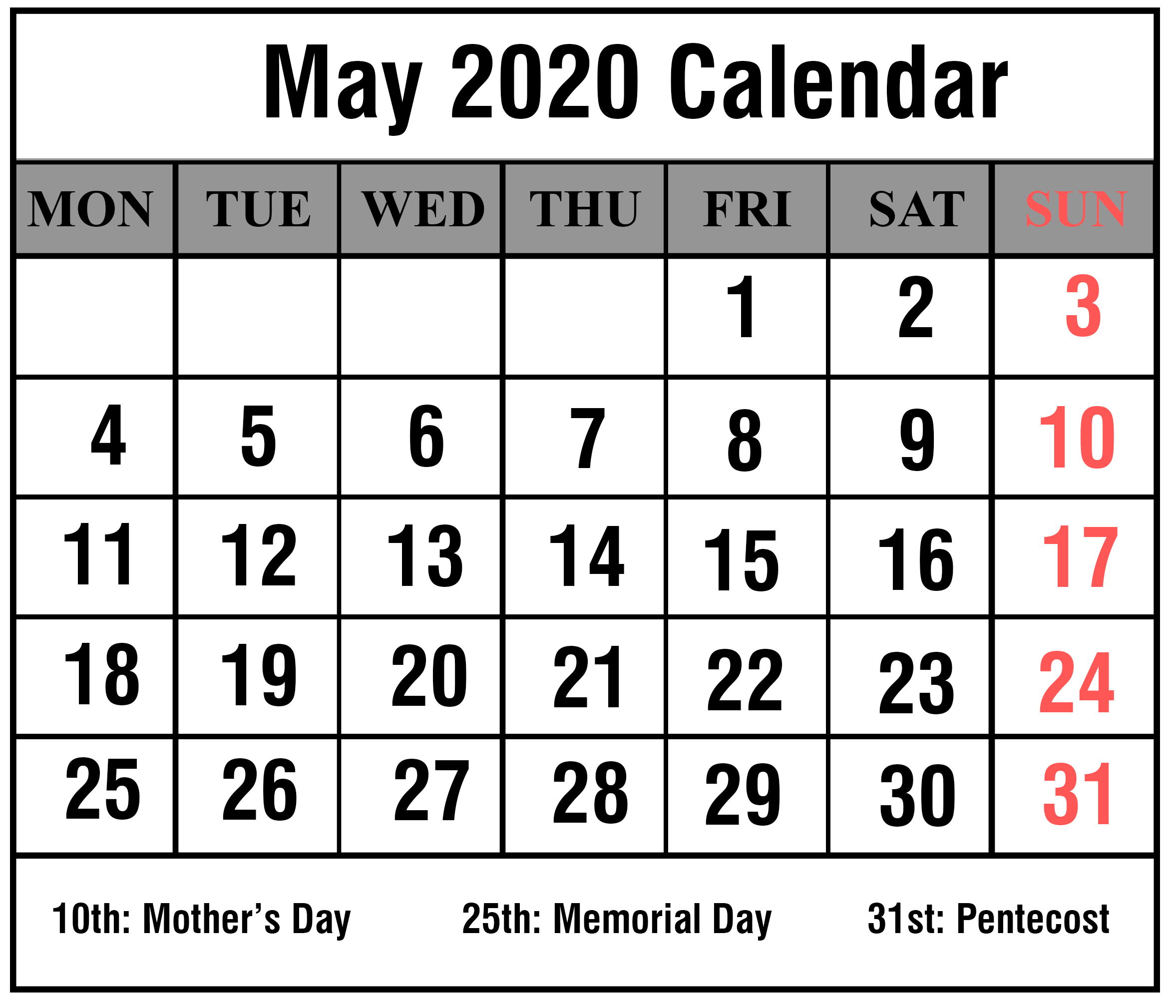 May 2020 Calendar Pdf | Printable May Calendar Template