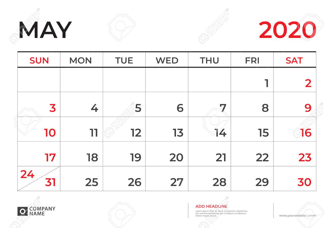 May 2020 Calendar Template, Desk Calendar Layout Size 9.5 X..