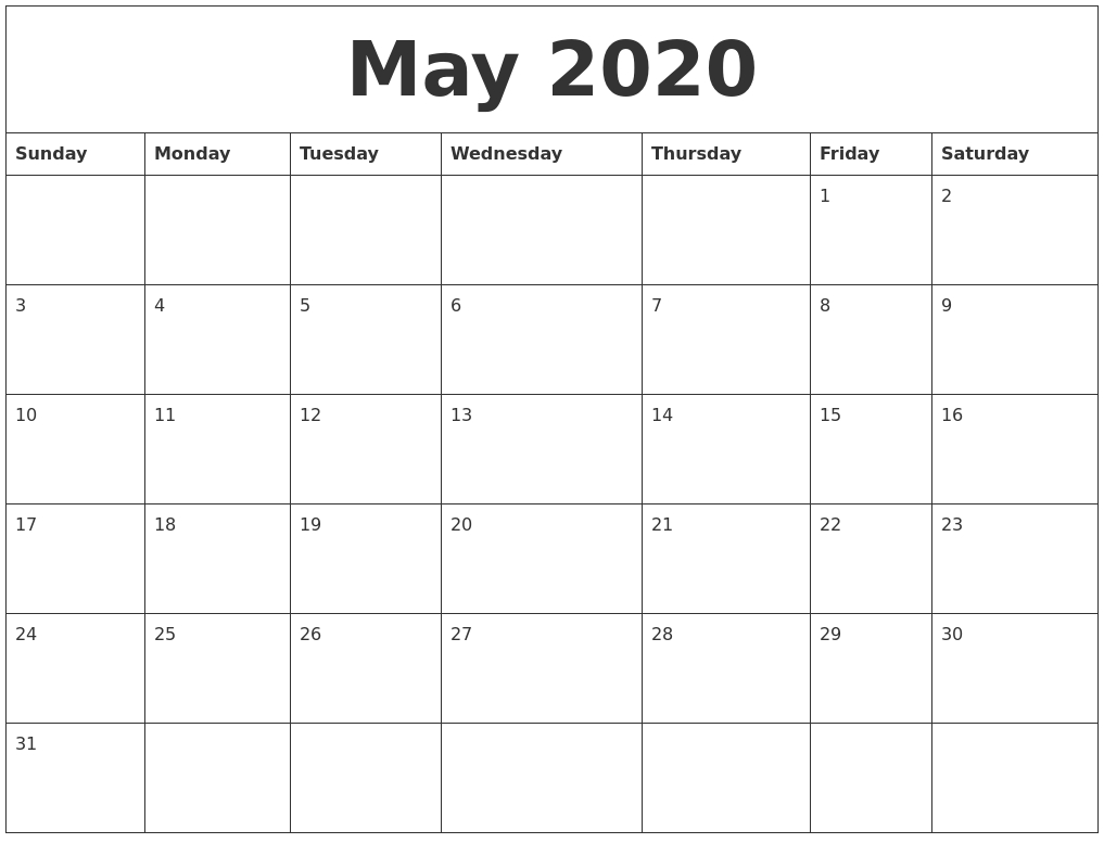 May 2020 Print Out Calendar