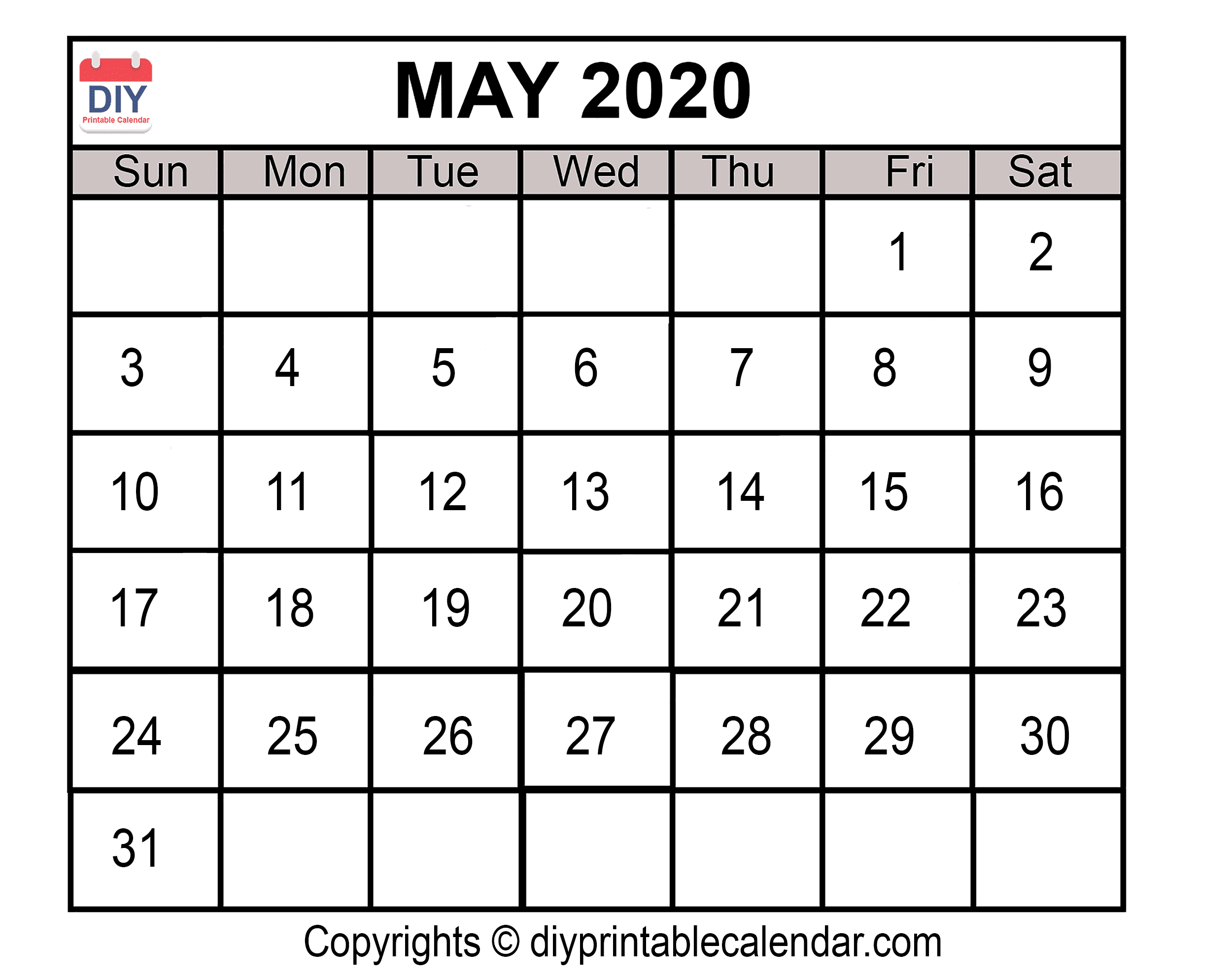 May 2020 Printable Calendar Template