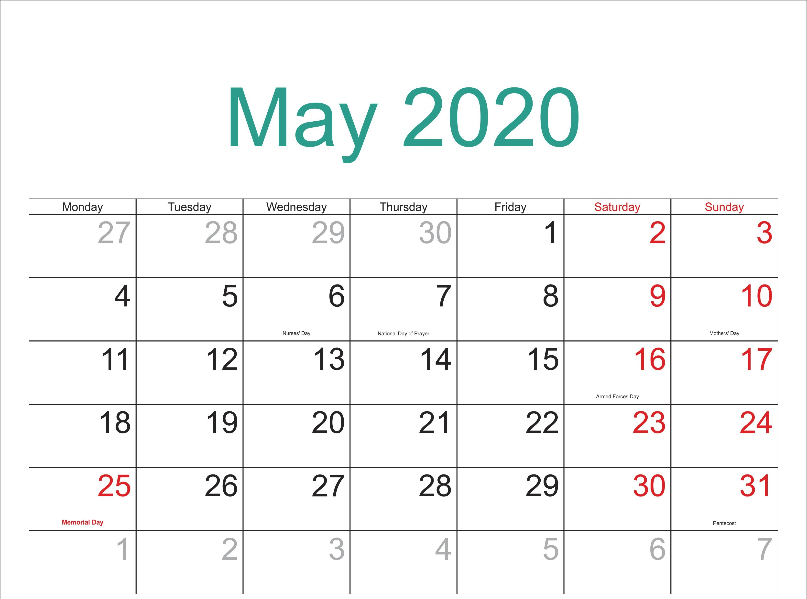 May Calendar 2020 Free Printable Template Pdf Word Excel