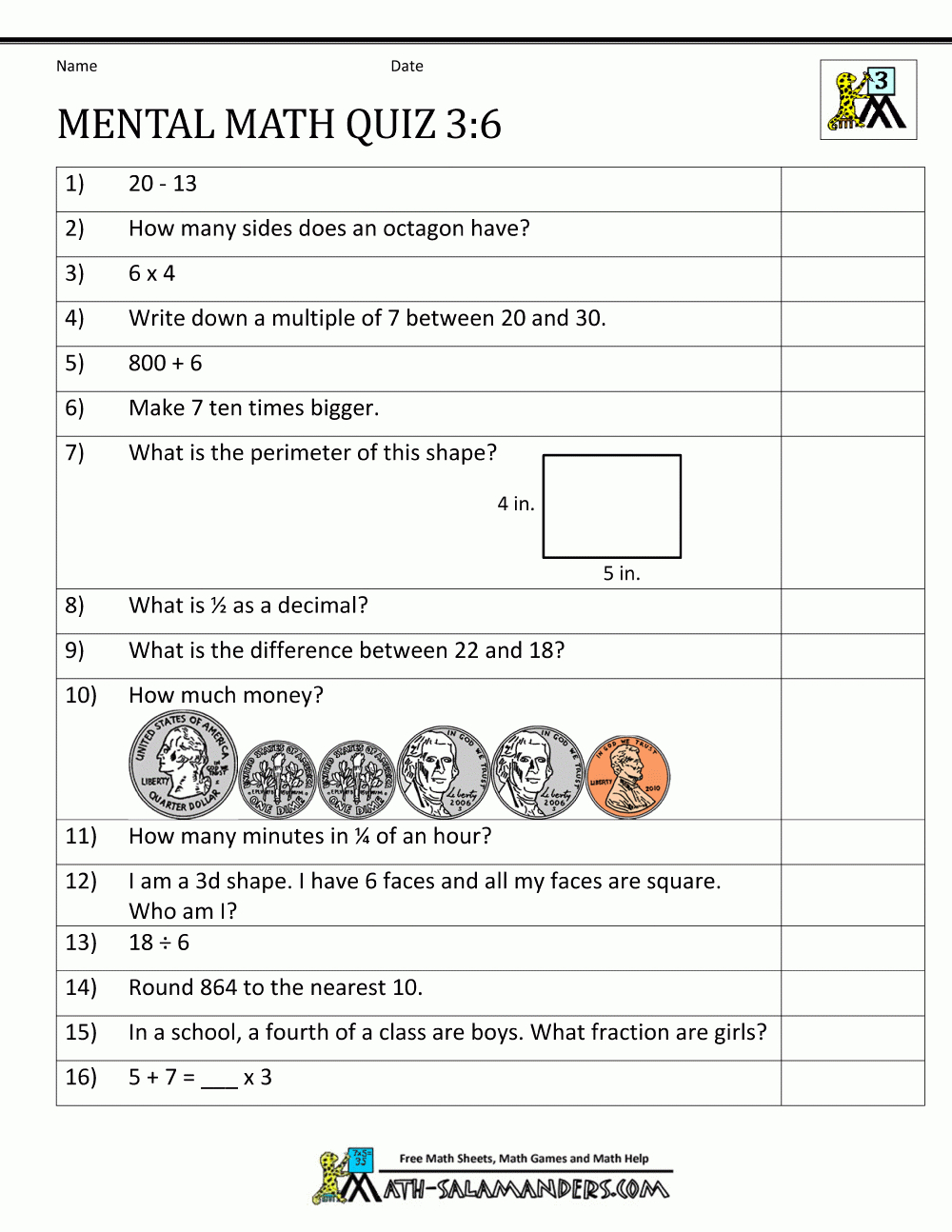 Mental Math Quiz 3Rd 6 | Free Math Worksheets, Math