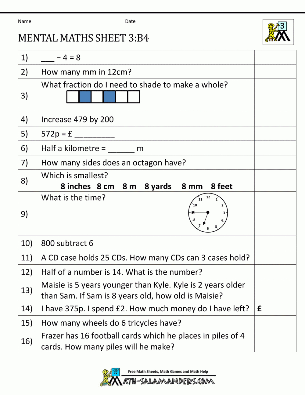 Mental Maths Year 3 Worksheets