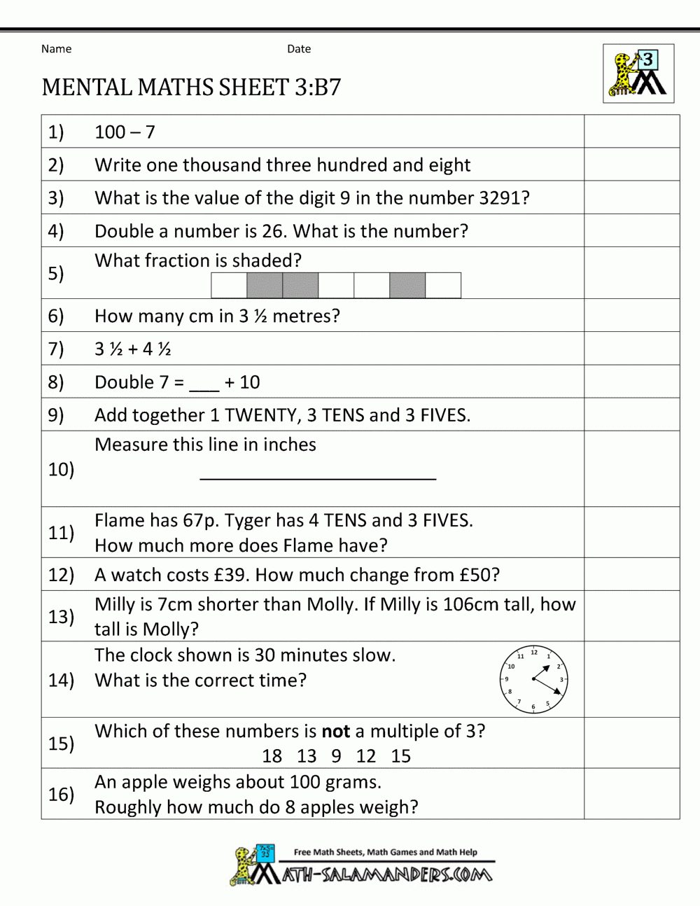 Mental Maths Year 3 Worksheets