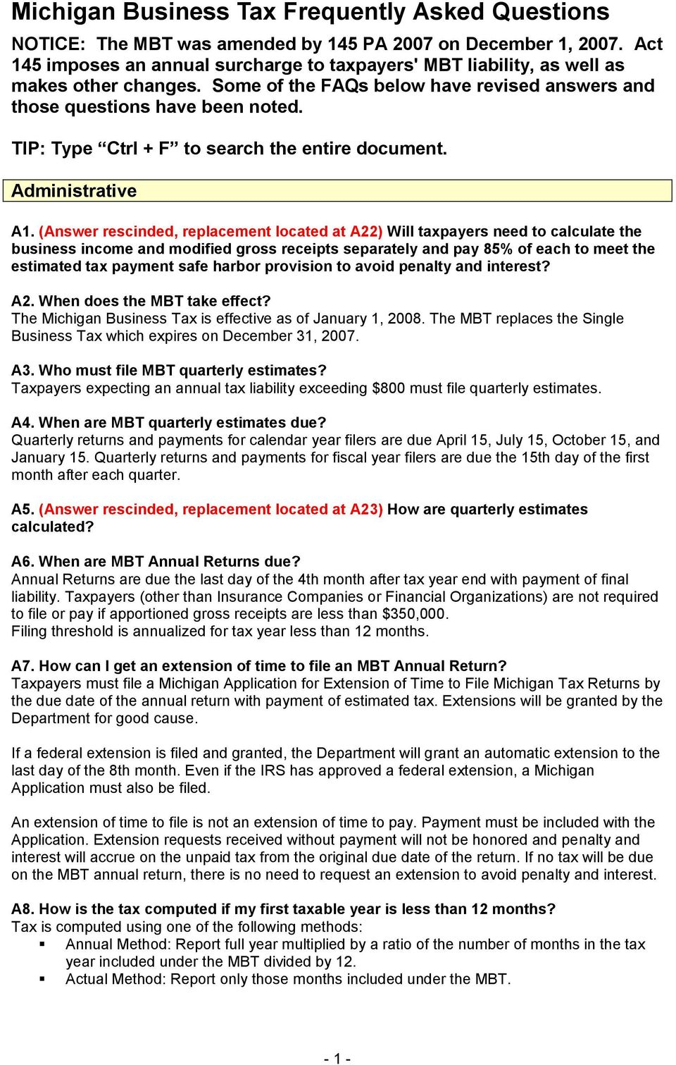 Michigan Business Tax Frequently Asked Questions - Pdf Free