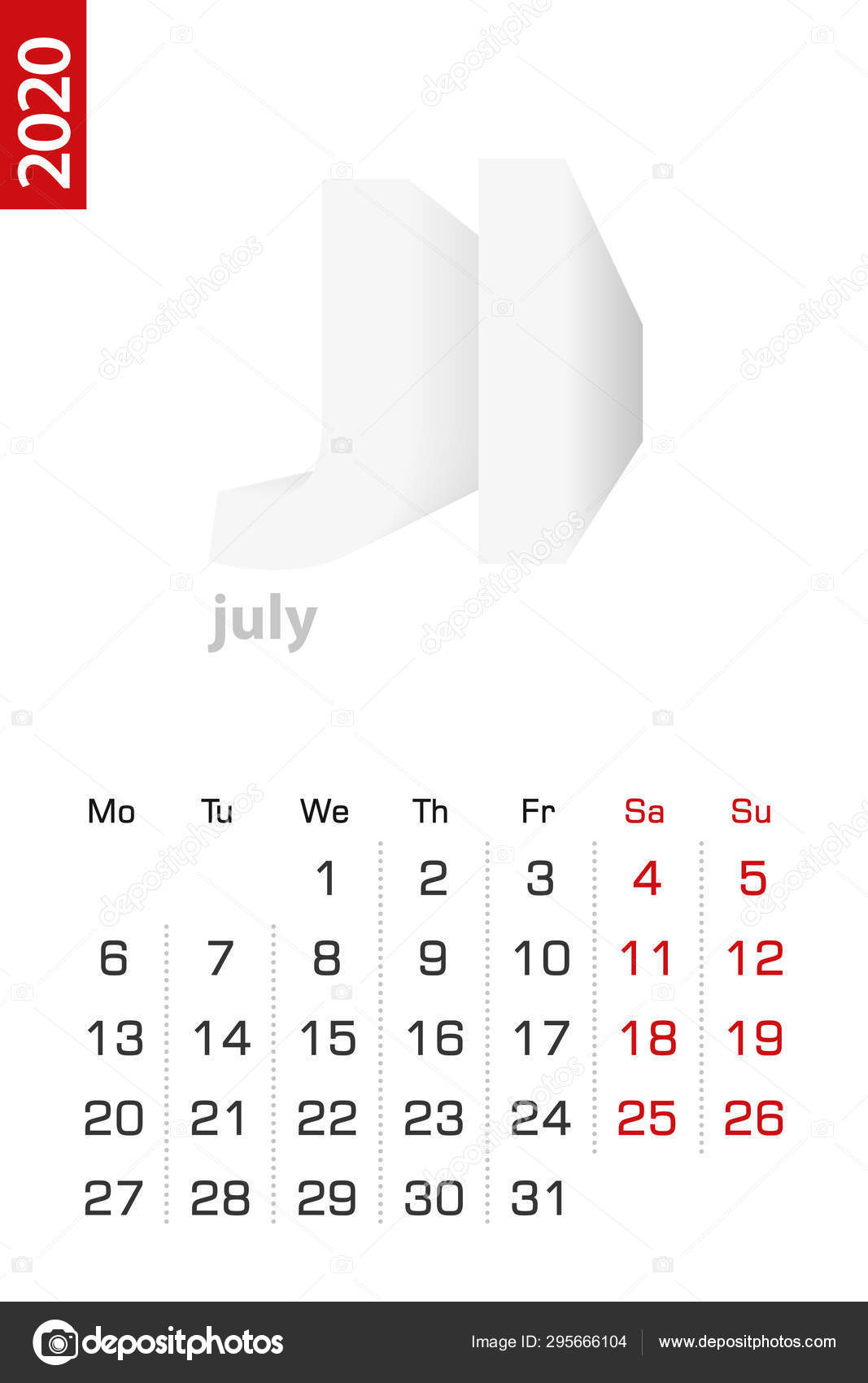 Minimalist Calendar Template For July 2020, Vector Calendar