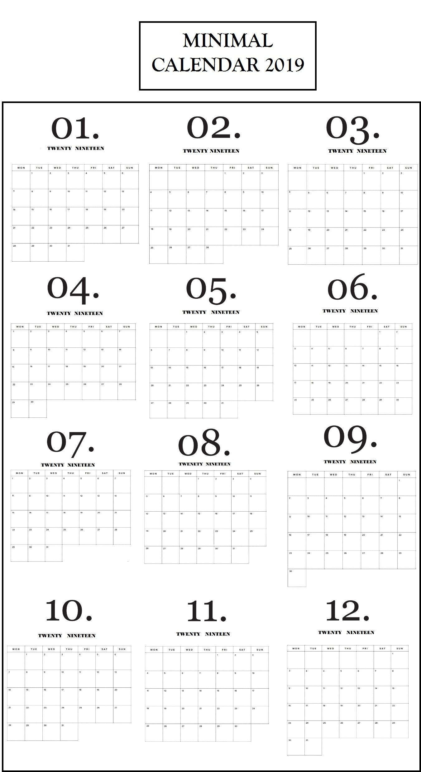 Modern Minimal 2019 Calendar | Wall Calendar Design, Minimal