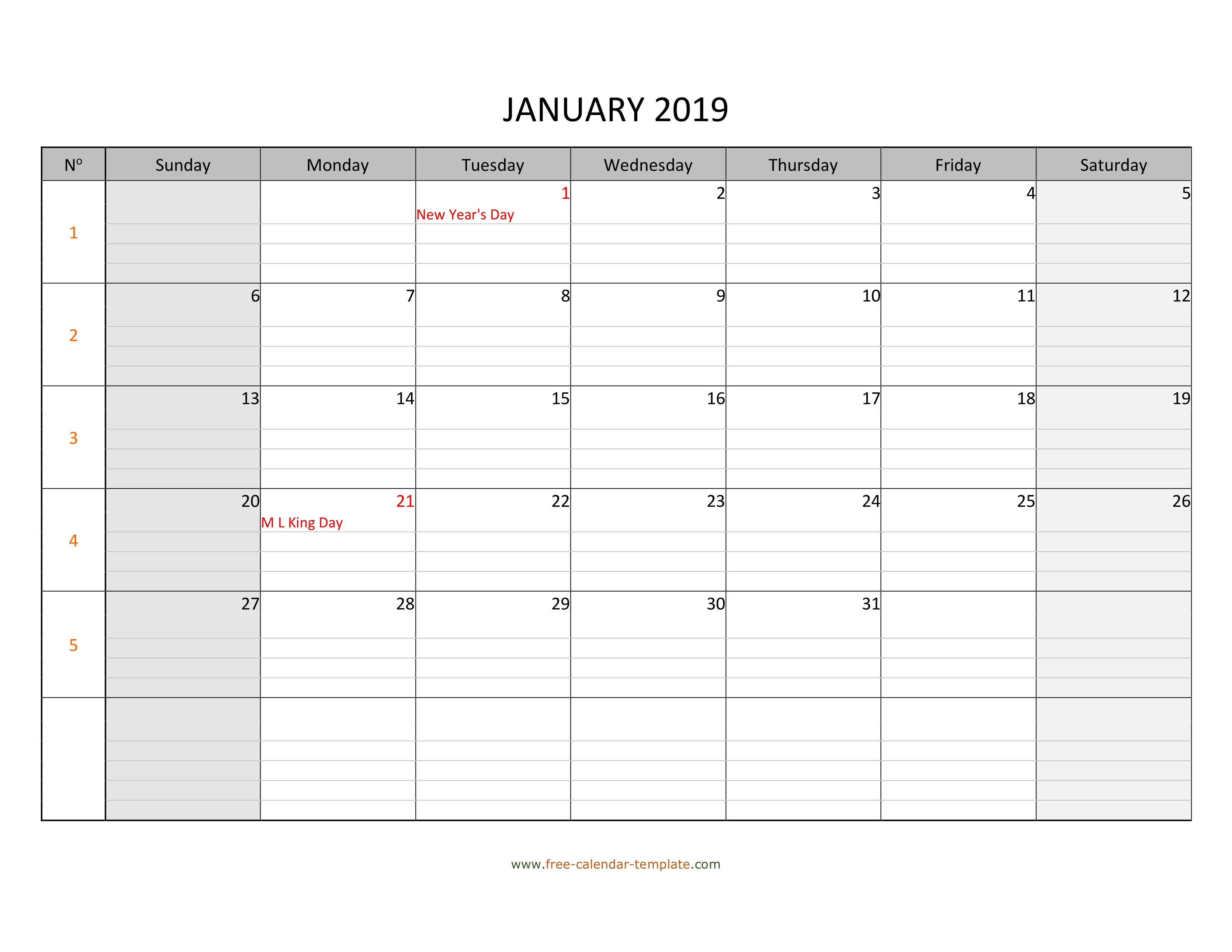 Monthly 2019 Calendar Free Printable With Grid Lines