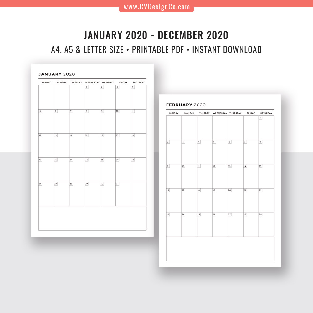 Monthly Calendar 2020 , 12 Month Calendar, Monthly Planner, Printable  Planner Inserts, Planner Template, Planner Refills, Filofax A5, A4, Letter  Size