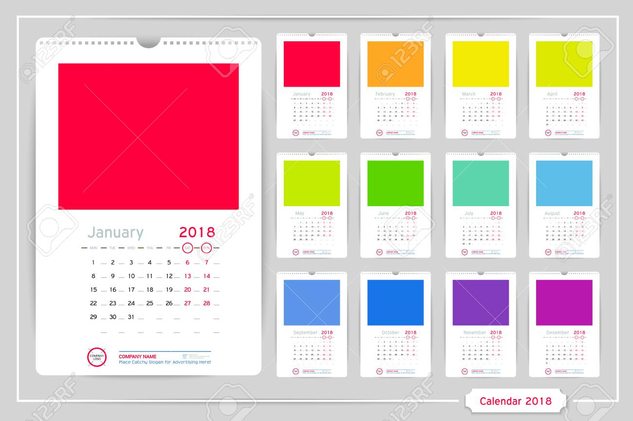 Monthly Calendar For Year 2018. Vector Design Template With Space For Photo  And Corporate Elements On Dark Background. Portrait Orientation For Wall