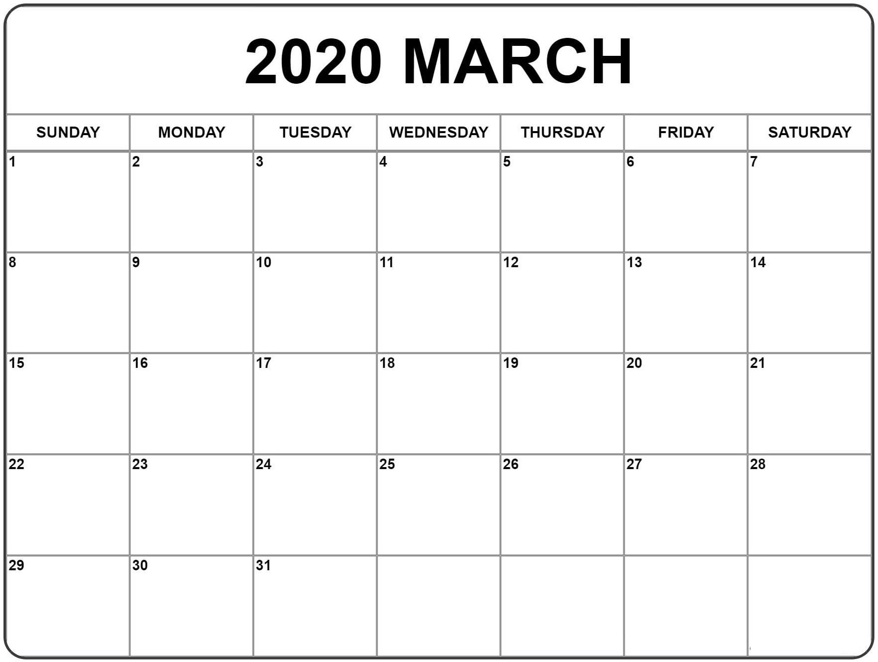 Monthly Calendar March 2020 Printable Template - Set Your