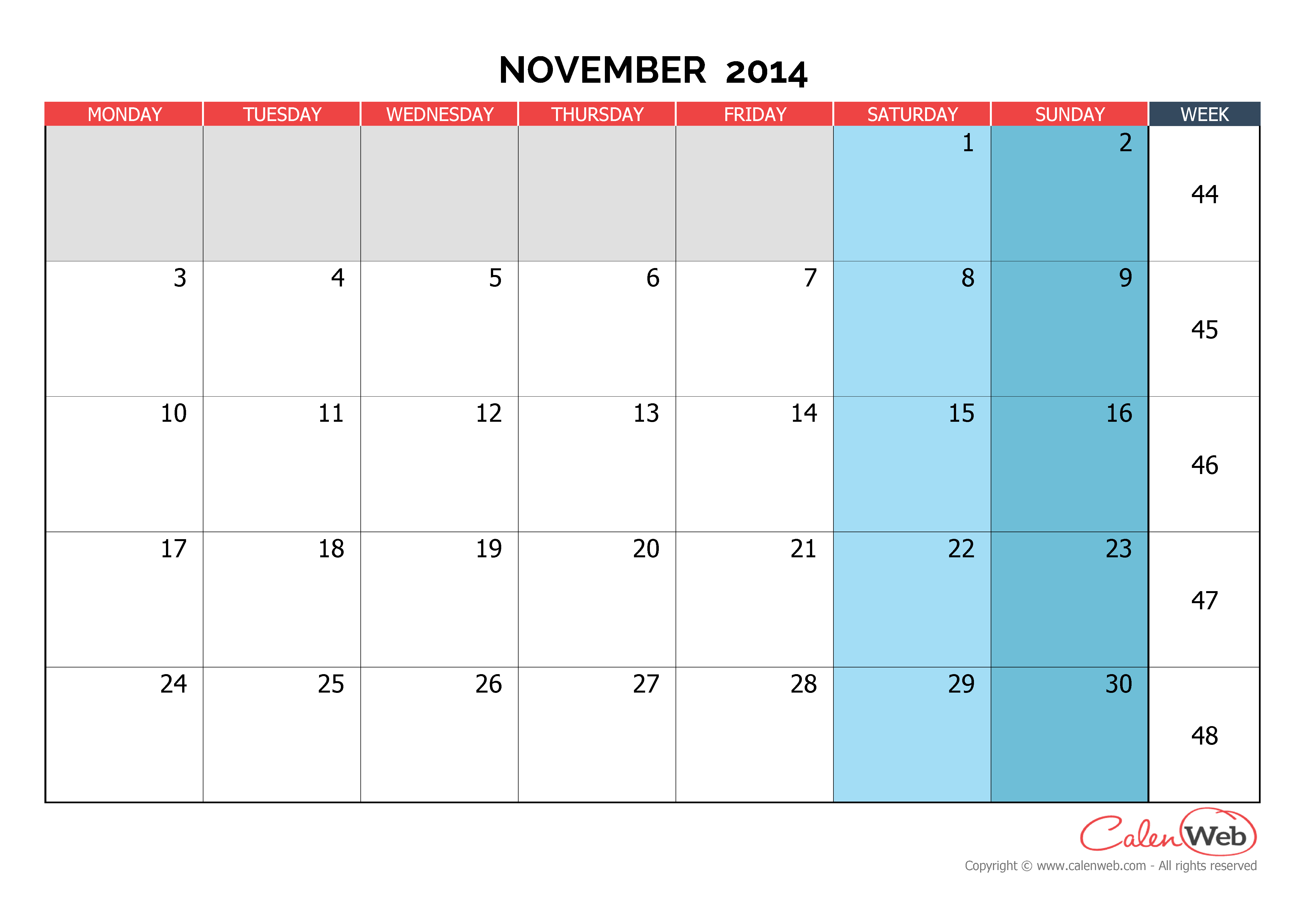 Monthly Calendar - Month Of November 2014 The Week Starts On