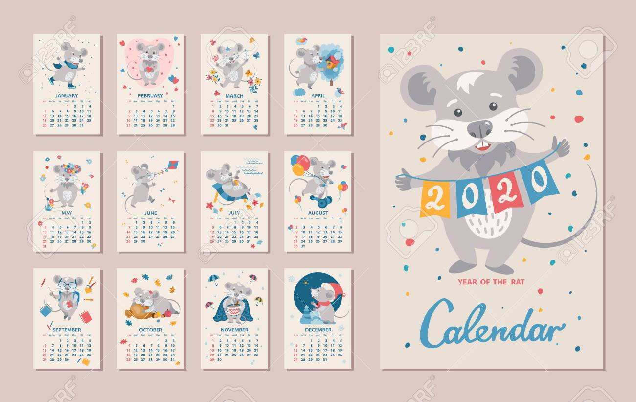 Monthly Calendar. Rat Is A Symbol Of The 2020 Chinese New Year