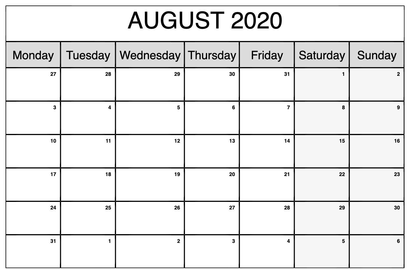 Monthly Calendar Template August 2020 | Monthly Calendar