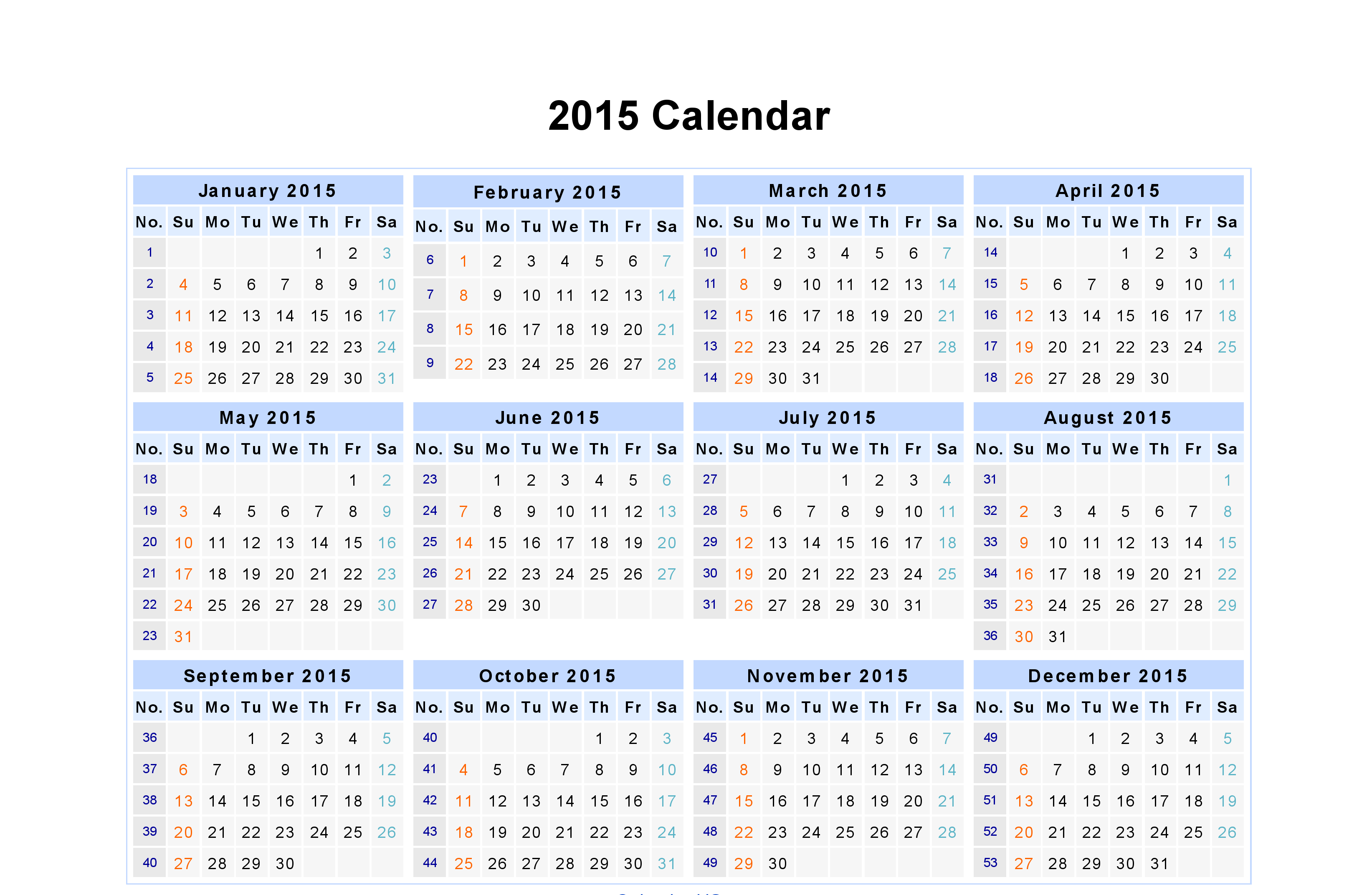 Monthly Date Wise Calendar Year 2015 | Excel Calendar, Free