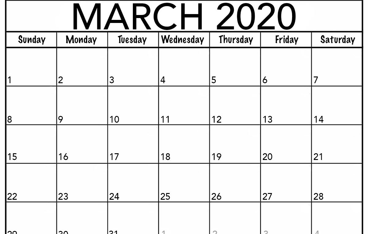 Monthly March 2020 Calendar – Blank Printable Template