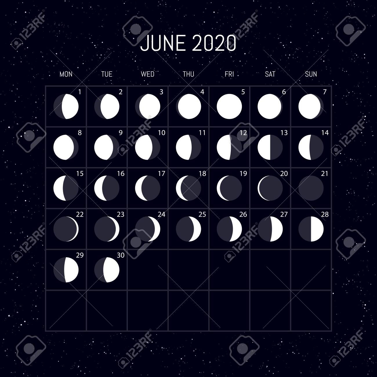 Moon Phases Calendar For 2020 Year. June. Night Background Design