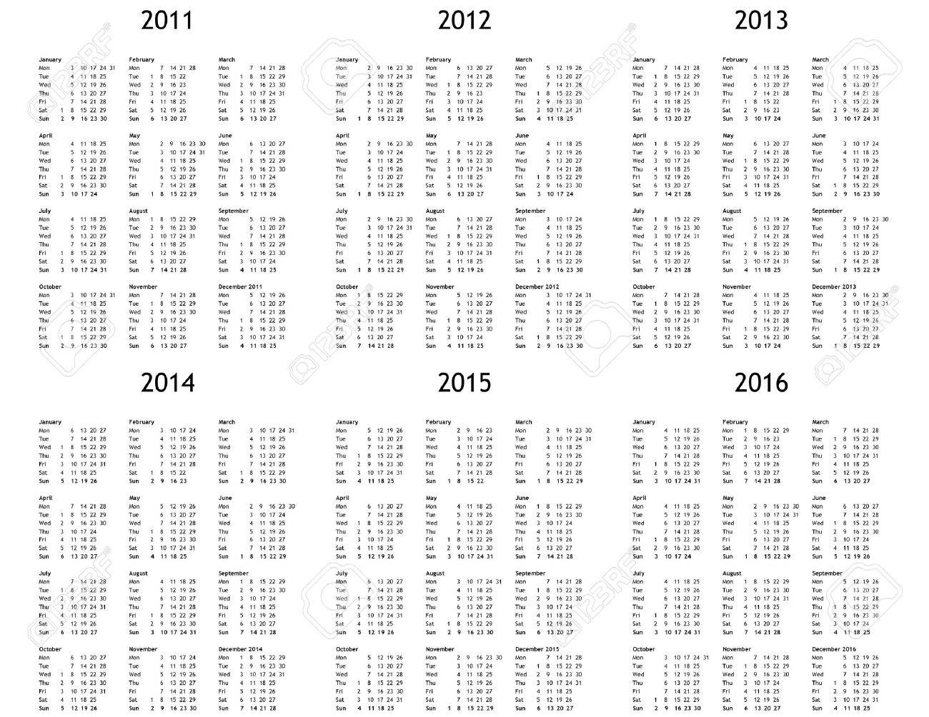 Multi Year Calendar 2011 2012 2013 2014 2015 2016