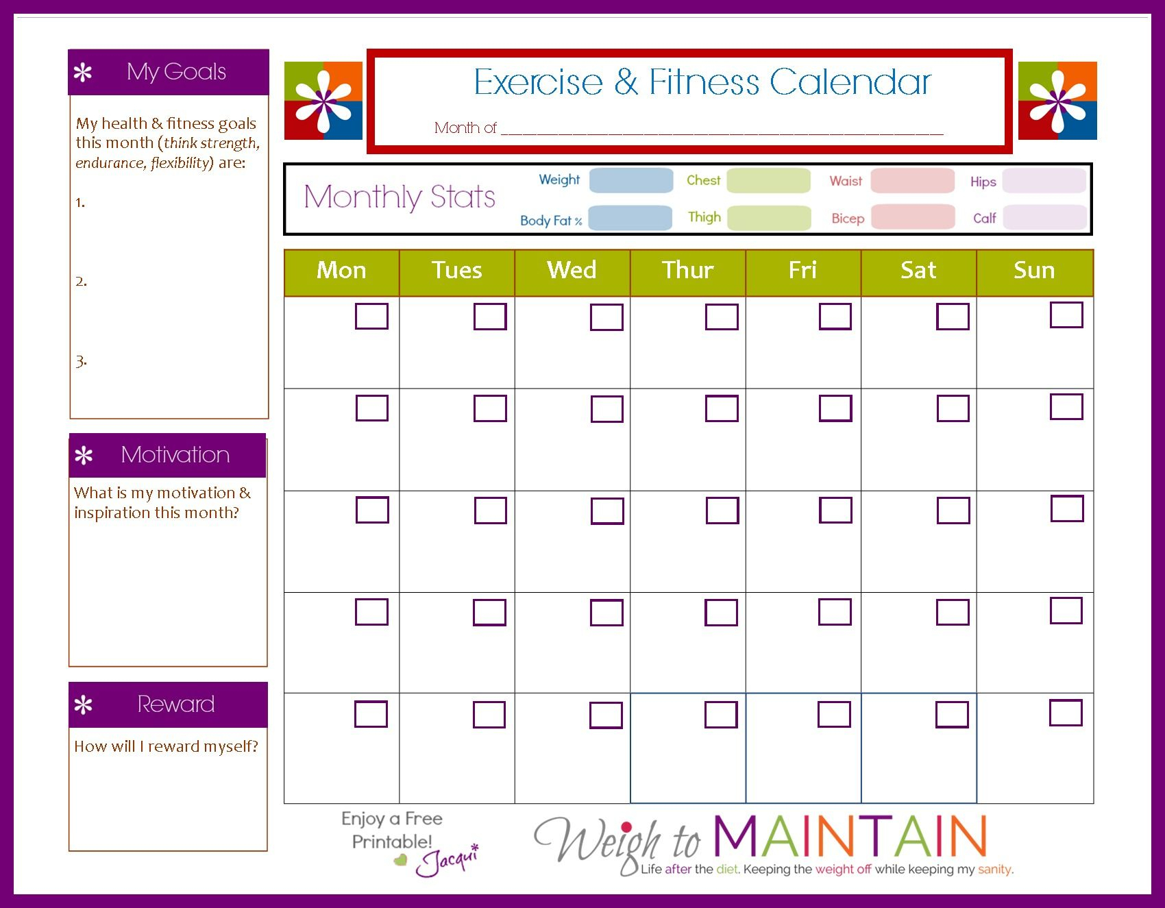 New And Improved Printable Fitness Calendar | Workout