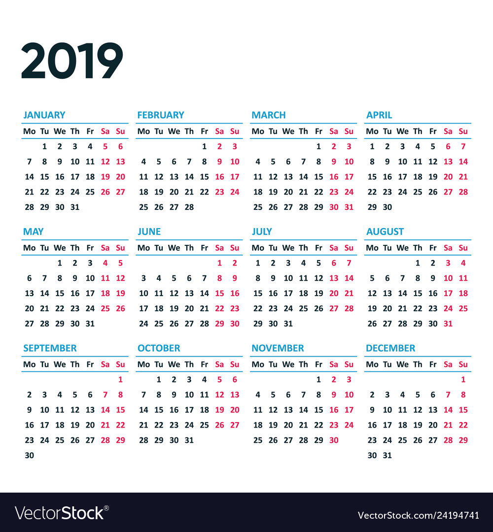 New Simple 2019 Calendar Weeks From Monday