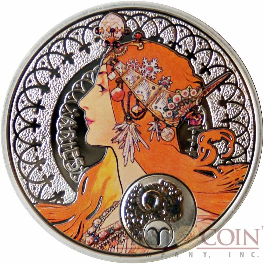 Niue Island Aries $1 Painter Alphonse Mucha Zodiac Series