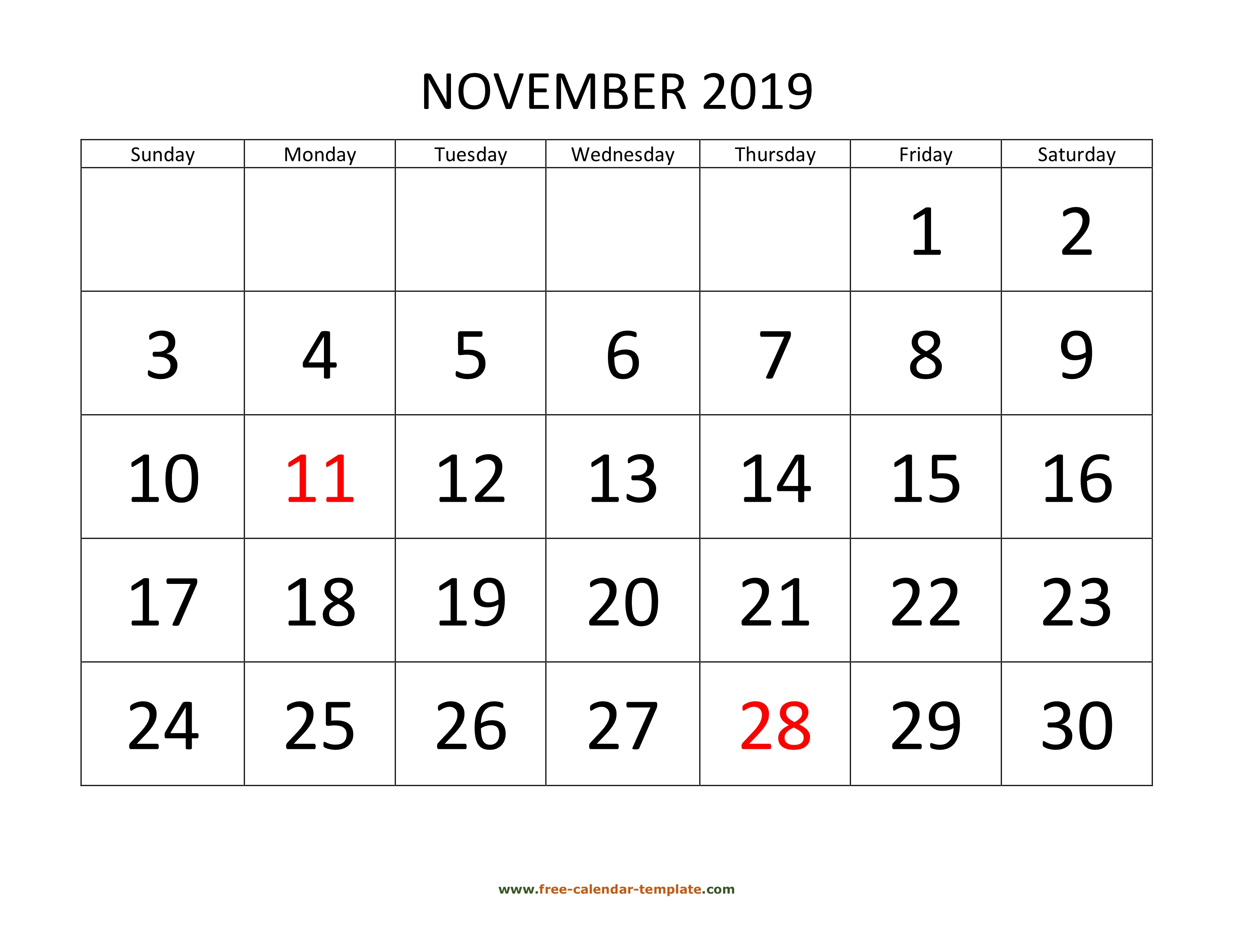 November 2019 Calendar Designed With Large Font (Horizontal
