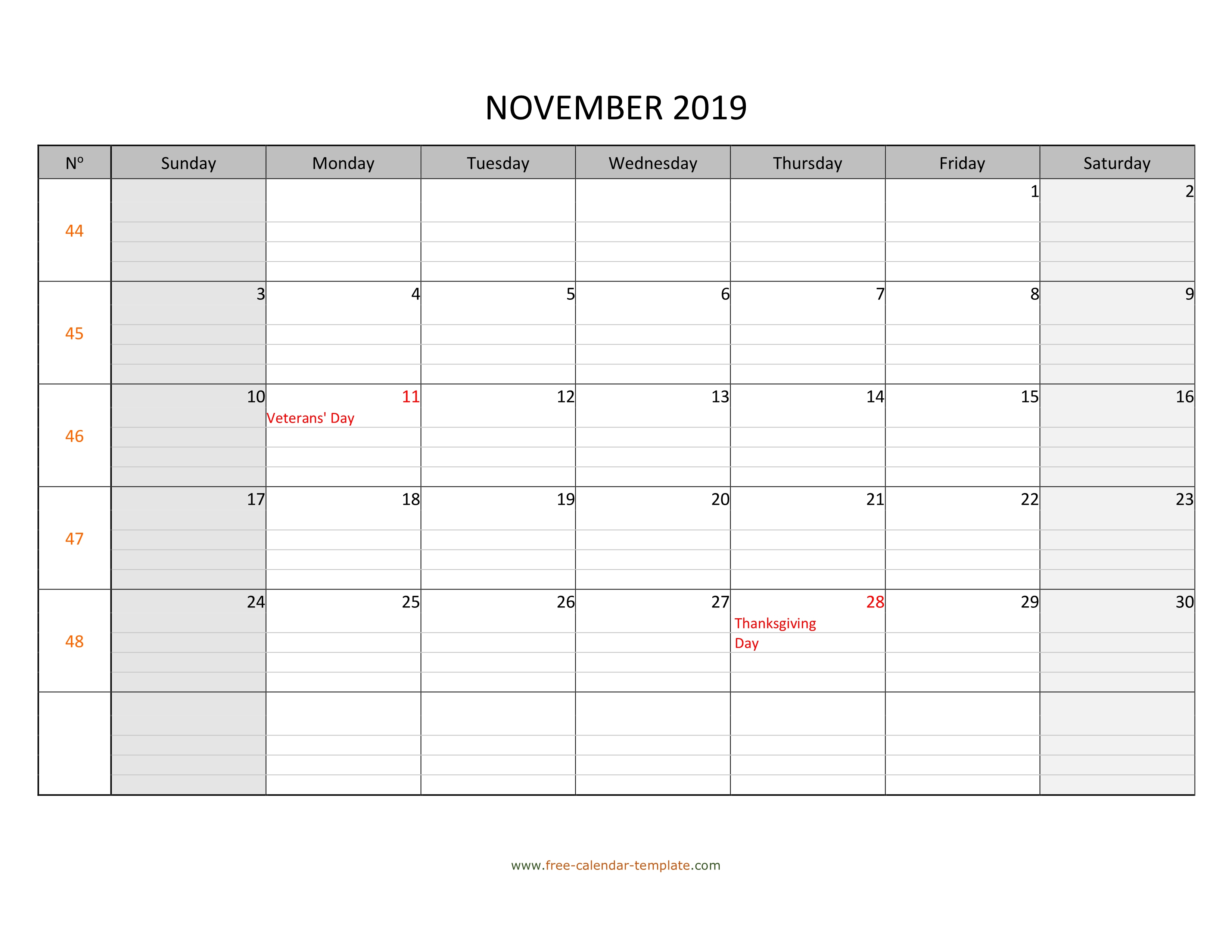 November 2019 Calendar Free Printable With Grid Lines