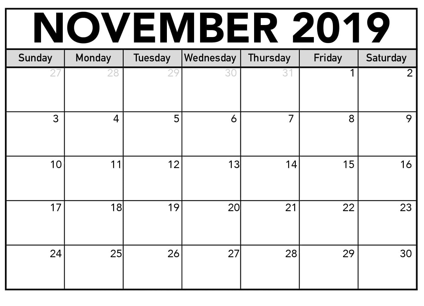 November 2019 Printable Calendar One Page Template - Latest