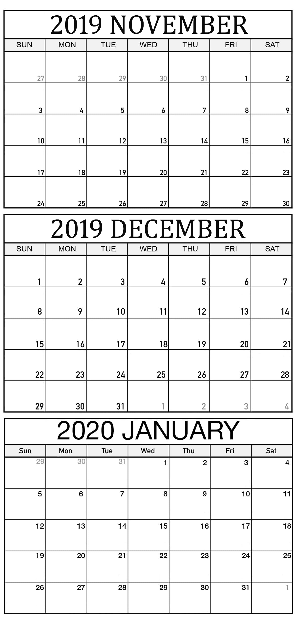 November 2019 To January 2020 Calendar Template - 2019